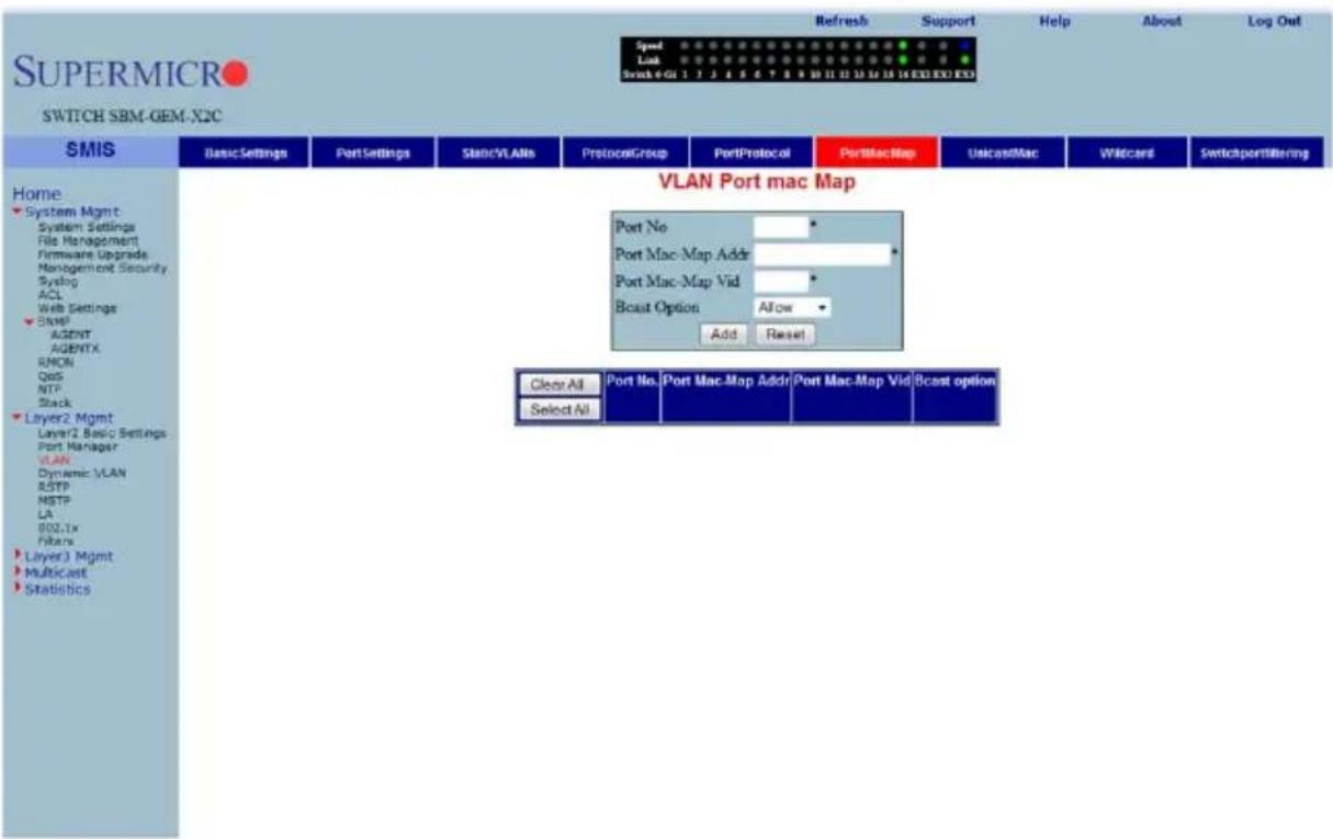 SUPERMICRO SWITCH SBM-GEM-X2C Speed Link Switch 4-GI 1 7 2 6 5 6 7 8 9 10 11 12 13 14 15 16 EXO EXO EXO Refresh Support Help About Log Out VLAN Port mac Map Port No * Port Mac-Map Addr * Port Mac-Map Vid * Boost Option Allow * Add Reset Clear All Port No Port Mac-Map Addr Port Mac-Map Vid Bcast option Select All