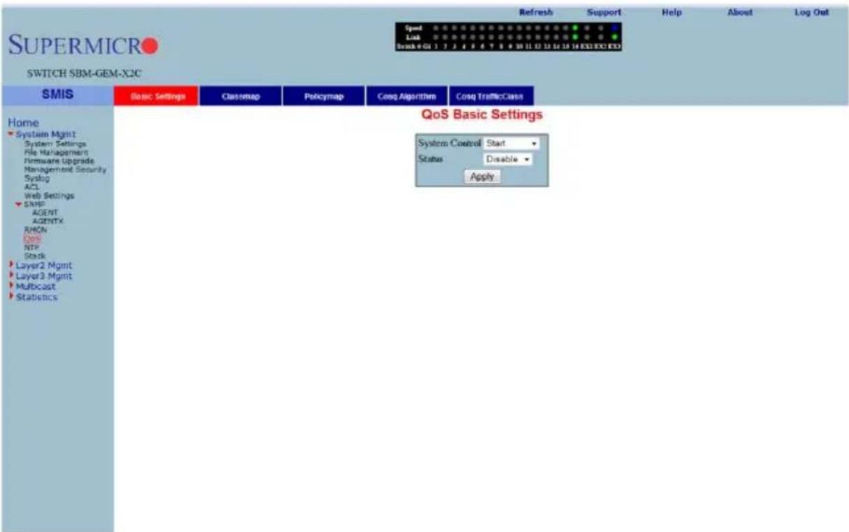 SUPERMICRO SWITCH SBM-GEM-X2C SMB Basic Settings Classmap Policymap Coq Algorithm Coq TrafficClass Home System Mgmt System Settings File Management Hardware Upgrade Management Security Syslog ACL Web Settings SMP AGENT AGENTX RMCN Dox NTP Stack Layer2 Mgmt Layer3 Mgmt Multicost Statistics QoS Basic Settings System Control Start Status Disable Apply