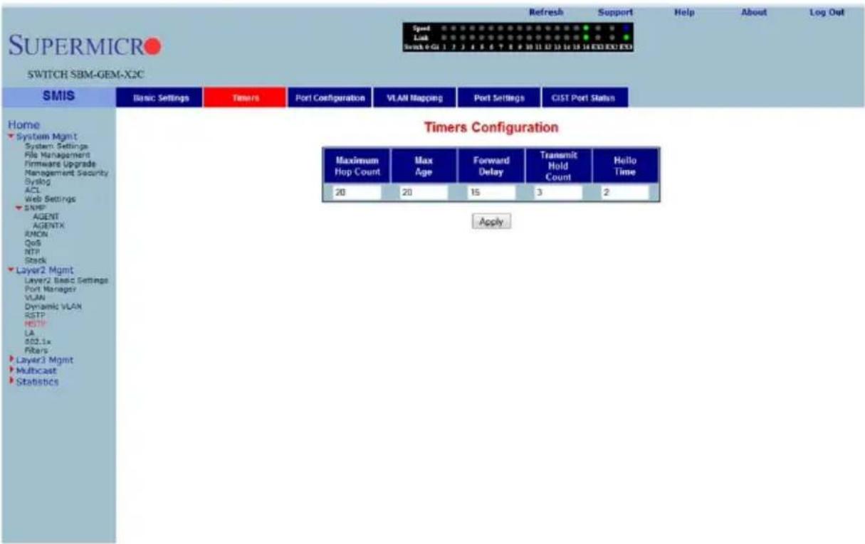SUPERMICRO SWITCH SBM-GEM-X2C Refresh Support Help About Log Out Speed Link Scan 0 Gl 1 2 3 4 5 6 7 8 9 10 11 12 13 14 15 16 EXO EXO EXO SMIS Basic Settings Timers Port Configuration VLAN Mapping Port Settings CIST Port Status Home System Mgmt System Settings File Management Firmware Upgrade Management Security Syslog ACL Web Settings SNMP AGENT AGENTX RMON QoS NTP Stack Layer2 Mgmt Layer2 Basic Settings Port Manager VLAN Dynamic VLAN RSTP RSTP LA 502.1x Fibers Layer3 Mgmt Multicast Statistics Timers Configuration Maximum Hop Count Max Age Forward Delay Transmit Hold Count Hello 20 20 15 3 2 Apply
