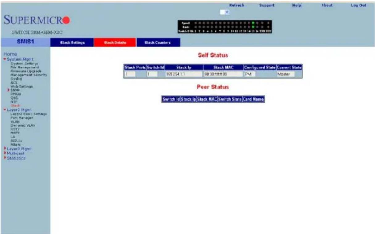 SUPERMICRO SWITCH SBM-GEK-X2C Smyd Task Switch ID: 1 7 7 4 1 4 7 8 9 10 11 12 13 14 15 16 220 ESD SNIS1 Stock Settings Stack Details Stack Counters Home System Mgmt System Settings File Management Firmware Upgrade Management Security Syslog ACL Web Settings SNMP RMON QoS NTP Stock Layer2 Mgmt Layer2 Basic Settings Port Manager VLAN Dynamic VLAN RSTP MSTP LA BOSJx filters Layer3 Mgmt Multicast Statistics Self Status Stack Ports Switch Id Stack Ip Stack MAC Configured State Current State 1 1 169.254.1.1 80.00元/兆瓦 09 PM Monster Peer Status Switch Id Stack Ip Stack MAC Switch State Card Name