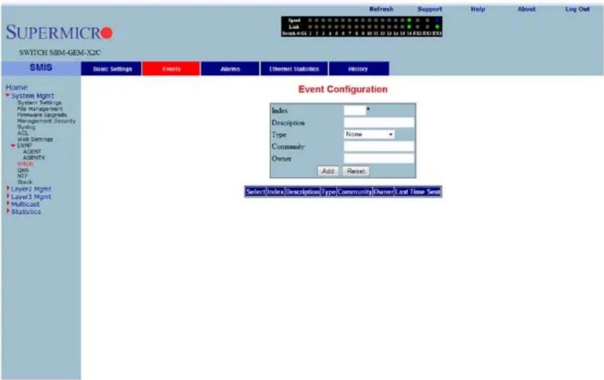 SUPERMICRO SWITCH SBM-GEM-X2C Event Configuration Index Description Type None Community Owner Add Reset Select|Index|Description|Type|Community|Owner|Last Time Send