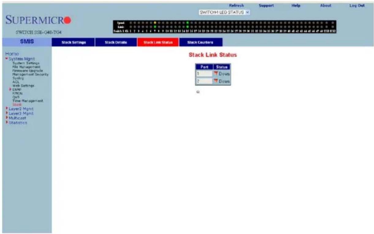SUPERMICRO SWITCH SSE-G48-TG4 Refresh Support Help About Log Out SWITCH LED STATUS Speed Link Switch 161 2 3 4 5 6 7 8 9 10 11 12 13 14 15 16 17 18 19 20 21 22 23 24 25 26 27 28 29 30 31 32 33 34 35 36 37 38 39 40 41 42 43 44 45 46 47 48 49 50 51 52 53 54 55 56 57 58 59 60 61 62 63 64 65 66 67 68 69 70 SMIS Stack Settings Stack Details Stack Link Status Stack Counters Home System Mgmt System Settings File Management Firmware Upgrade Management Security Sysfing ACL Web Settings SNMP RMON QoS Time Management Stack Layer2 Mgmt Layer3 Mgmt Multicast Statistics Stack Link Status Port Status 1 Downs 2 Downs