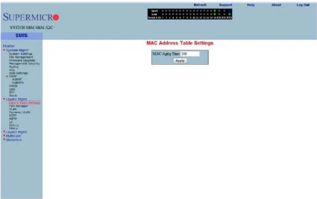 SUPERMICRO SWITCH SBM-GEM-X2C SMIS Home System Mgmt System Settings File Management Hardware Upgrade Management Security Syslog ACL Web Settings SHP AGENT AGENTx RMON QoS NTP Stack Layer2 Mgmt Layer2 Basic Settings Port Manager VLAN Dynamic VLAN RSTP NSTP LA 800,Lx Fibers Layer3 Mgmt Multicast Statistics Refresh Support Help About Log Out Speed 0.01 1.2 2.6 6.7 8.9 10.11 12.13 14.15 16.18 18.19 EXED EXED MAC Address Table Settings MAC Aging Time 300 Apply