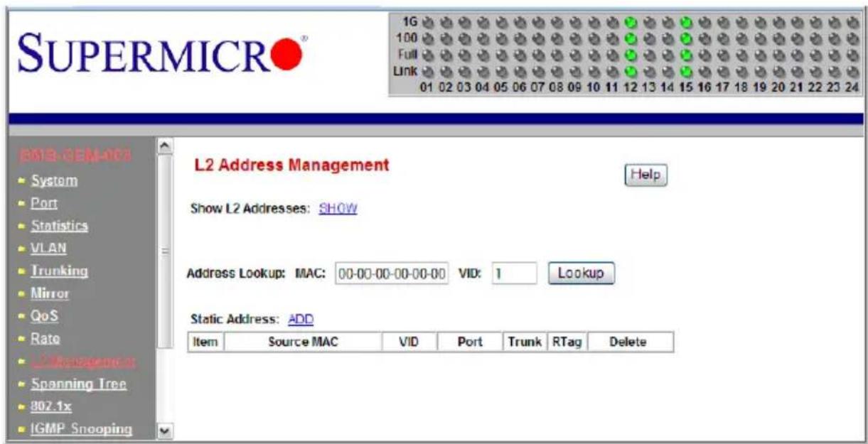 SUPERMICRO® 1G 100 Full Link 01 02 03 04 05 06 07 08 09 10 11 12 13 14 15 16 17 18 19 20 21 22 23 24 L2 Address Management Show L2 Addresses: SHOW Address Lookup: MAC: 00-00-00-00-00-00 VID: 1 Lookup Static Address: ADD Item Source MAC VID Port Trunk RTag Delete