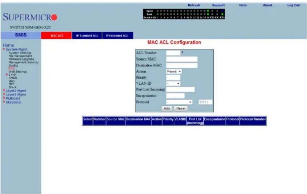 SUPERMICRO SWITCH SBM-GEM-X2C Refresh Support Help About Log Out Speed Link Scan 9-01 1 2 3 4 5 6 7 8 9 10 11 12 13 14 15 16 ESS EXO ESS SMIS MAC ACL IP Standard ACL IP Extended ACL Home System Mgmt System Settings File Management Firmware Upgrade Management Security SysR0 ACL Web Settings SIMP RMON QoS NTP Stack Layer2 Mgmt Layer3 Mgmt Multicast Statistics MAC ACL Configuration ACL Number * Source MAC Destination MAC Action Permit Priority VLAN ID - Port List (Incoming) Encapsulation Protocol - 33611 Add Reset Select Number Source MAC Destination MAC Action Priority VLANID Port List (Incoming) Encapsulation Protocol Protocol Number