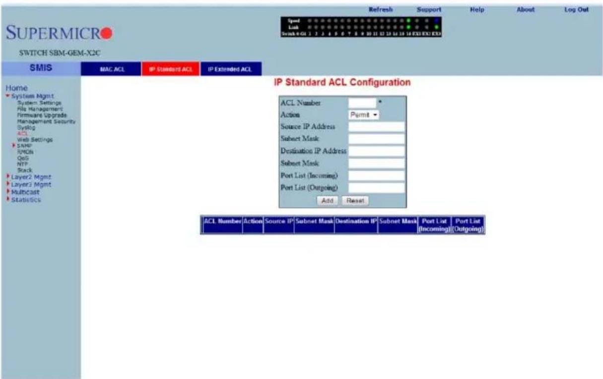 SUPERMICRO SWITCH SBM-GEM-X2C Speed Link Scan 0 GL 1 2 3 4 5 6 7 8 9 10 11 12 13 14 15 16 EX3 EX2 EX3 Refresh Support Help About Log Out Home System Mgmt System Settings File Management Firmware Upgrade Management Security Syslog ACT Web Settings SNMP SMCN QoS NTP Stack Layer2 Mgmt Layer3 Mgmt Multicast Statistics MAC ACL IP Standard ACL IP Extended ACL IP Standard ACL Configuration ACL Number Action Permit Source IP Address Subset Mask Destination IP Address Subset Mask Port List (Incoming) Port List (Outgoing) Add Reset ACL Number Action Source IP Subnet Mask Destination IP Subnet Mask Port List (Incoming) Port List (Outgoing)