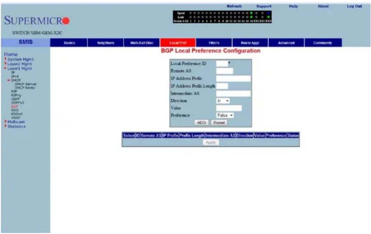 SUSPERMICRO SWITCH SBM-GEM-X2C Speed Link Sema 901 1 2 3 4 5 6 7 8 9 10 11 12 13 14 15 16 ESC EXE EXE Refresh Support Help About Log Out Home System Mgmt Layer2 Mgmt Layer3 Mgmt IP IPv6 DHCP DHCP Server DHCP Relay RIP RIPmg OSPF OSPFv3 BGP RAD RDv6 VRSP Multicast Statistics BGP Local Preference Configuration Local Preference ID * Remote AS * IP Address Prefix * IP Address Prefix Length * Intermediate AS * Direction In * Value * Preference False * ADD Reset Select ID Remote AS IP Prefix Prefix Length Intermediate AS Direction Value Preference Status Apply