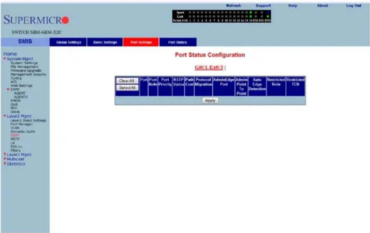 SUPERMICRO SWITCH SBM-GEM-X2C Speed Link Track 9 G1 1 2 3 4 5 6 7 8 9 10 11 12 13 14 15 16 EXO EXO EXO SMIS Global Settings Basic Settings Port Settings Port Status Home System Mgmt System Settings File Management Firmware Upgrade Management Security Syslog ACL Web Settings SMP AGENT AGENTX RMON QoB NTP Stack Layer2 Mgmt Layer2 Basic Settings Port Manager VLAN Dynamic VLAN RSTP MSTP LA 802.1x Filters Layer3 Mgmt Multicast Statistics Port Status Configuration G10/1 Ex0.3 | Clear All Port Port Priority RSTP Status Path Cost Protocol Migration AdminEdge Port Admin Point To Point Auto Edge Detection Restricted Role Restricted TCN Select All Apply