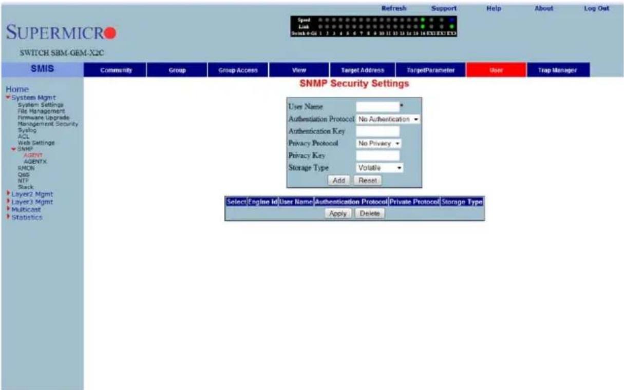 SUPERMICRO SWITCH SBM-GEM-X2C Speed Link Snink 4 GU 1 2 3 4 5 6 7 8 9 10 11 12 13 14 15 16 EXE EXE EXO Refresh Support Help About Log Out Home System Mgmt System Settings File Management Firmware Upgrade Management Security Syslog ACL Web Settings SNMP AGENT AGENTX SMON QoS NTP Slack Layer2 Mgmt Layer3 Mgmt Multicast Statistics SNMP Security Settings User Name Authentication Protocol No Authentication Authentication Key Privacy Protocol No Privacy Privacy Key Storage Type Volatile Add Reset Select Engine Id User Name Authentication Protocol Private Protocol Storage Type Apply Delete