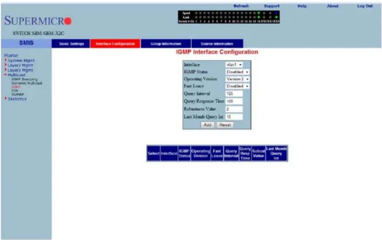 SUPERMICRO SWITCH SBM-GEM-X2C Speed Lock Swah 4 GU 1 2 3 4 5 6 7 8 9 10 11 12 13 14 15 16 17 18 EXE EXO EXO Refresh Support Help About Log Out Home System Mgmt Layer2 Mgmt Layer3 Mgmt Multicast IGMP Snooping Dynamic Multicast IGMP PDM OMVRP Statistics SMIS Basic Settings Interface Configuration Group Information Source Information IGMP Interface Configuration Interface vlan1 IGMP Status Disabled Operating Version Version 2 Fast Leave Disabled Query Interval 125 Query Response Time 100 Robustness Value 2 Last Memb Query Int 10 Add Reset Select Interface IGMP Status Operating Version Fast Leave Query Interval Query Resp Time Robust Value Last Memb Query Int