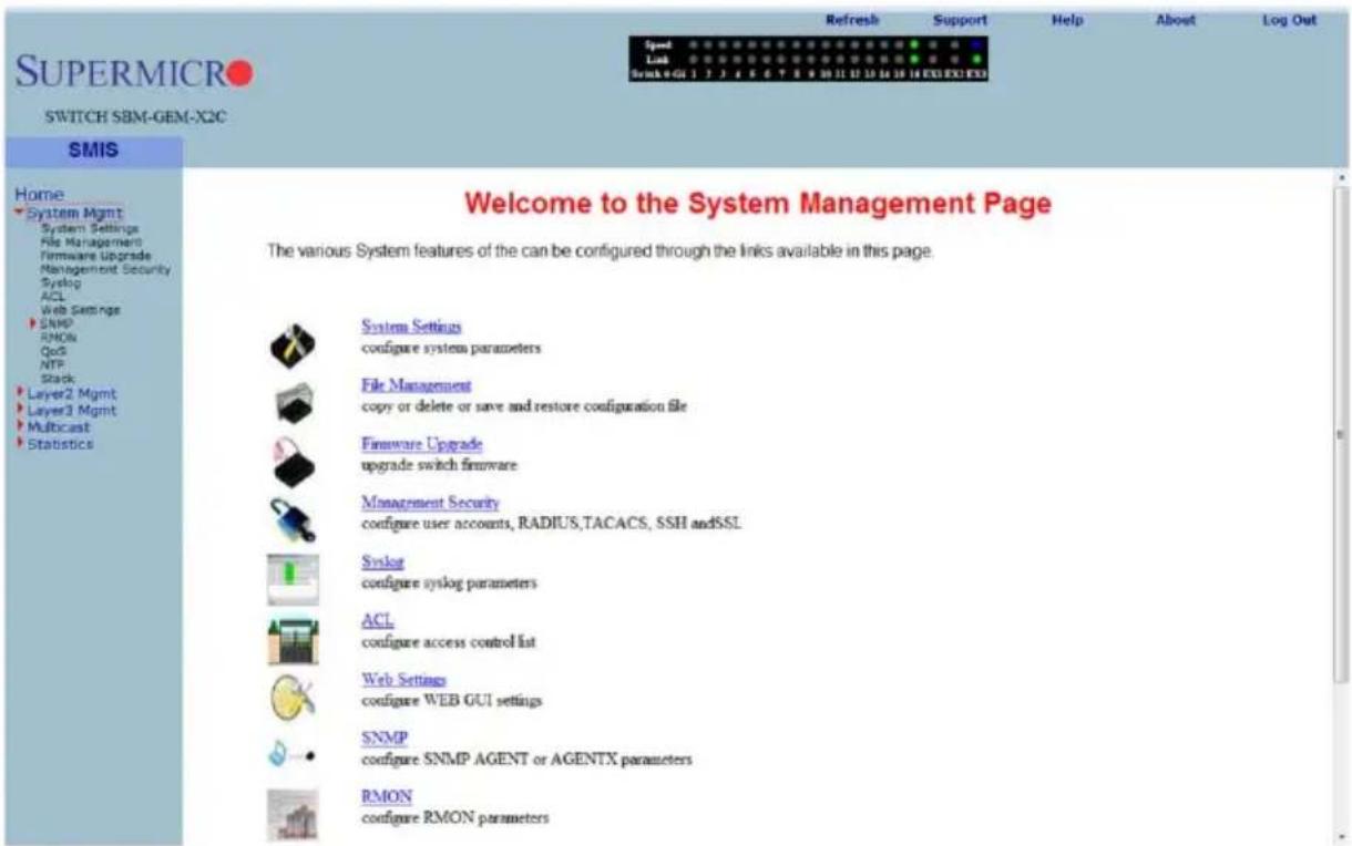 SUPPORT Switch SBM-GEM-X2C Refresh Support Help About Log Out SPend Link Break 0 GUI 1 2 3 4 5 6 7 8 9 10 11 12 13 14 15 16 EXE EXE Welcome to the System Management Page The various System features of the can be configured through the links available in this page. System Settings configure system parameters File Management copy or delete or save and restore configuration file Firmware Upgrade upgrade switch firmware Management Security configure user accounts, RADIUS,TACACS, SSH andSSL Syslog configure syslog parameters ACL configure access control list Web Settings configure WEB GUI settings SNMP configure SNMP AGENT or AGENTX parameters RMON configure RMON parameters