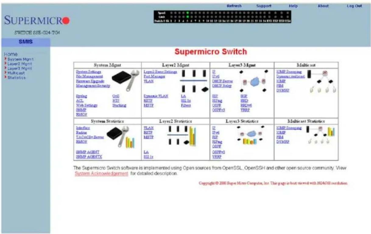 Supermicro Switch System Mgmt Layer2 Mgmt Layer3 Mgmt Multicast System Settings File Management Parameters Upgrade Management Security Syslog ACL Web Settings SRMP BACKH Layer2 Event Settings Port Manager VLAN Dynamic FLAM BSTF MSTF LA BCLIs Fibers IP IPst OIEZ Server OIEZ Relay BIP BIPng OSPF OSPFv3 BIP BID RSDv5 YRPF ICMP Blocking Dynamic multicast ICMP FIM DVMRP System Statistics Layer2 Statistics Layer3 Statistics Multicast Statistics Interface Radbus TACACSL Server SBAOH SRMP AOBNT SRMP AOBNTX VLAN BSTF MSTF LA BCLIs IP IPst BIP BIPng OSPF OSPFv3 YRPF ICMP Blocking ICMP FIM DVMRP The Supermicro Switch software is implemented using Open sources from OpenSSL, OpenSSH and other open source community. View System Acknowledgement for detailed description. Copyright © 2008 Super Micro Computer, Inc. This page is best viewed with 10:40:68 resolution.