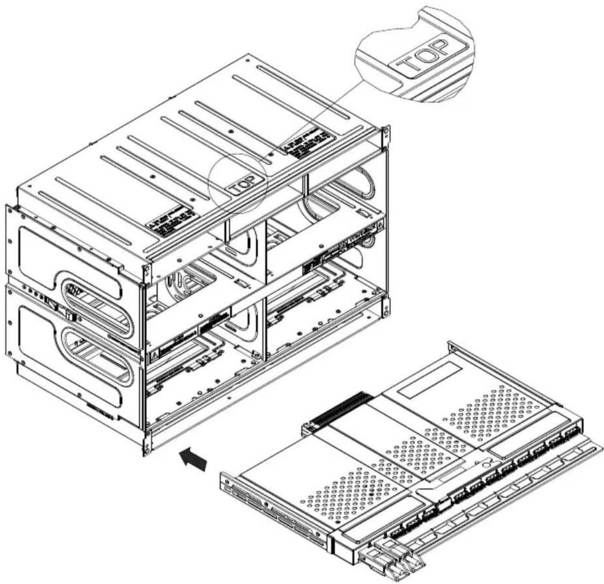 Technical diagram of a server rack with labeled top panel and internal components, showing exploded view and assembly.