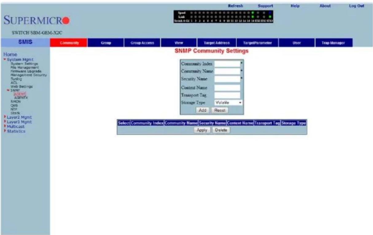 SUPERMICRO SWITCH SBM-GEM-X2C Speed Link Scan 0:GI 1 2 3 4 5 6 7 8 9 10 11 12 13 14 15 16 EXD EXO EXD Refresh Support Help About Log Out Home System Mgmt System Settings File Management Firmware Upgrade Management Security Syslog ACL Web Settings SMP agentX ADYNTX ANCON QoS NTP Stack Layer2 Mgmt Layer3 Mgmt Multicast Statistics SNMP Community Settings Community Index * Community Name * Security Name * Context Name * Transport Tag * Storage Type Volatile * Add Reset Select Community Index Community Name Security Name Context Name Transport Tag Storage Type Apply Delete