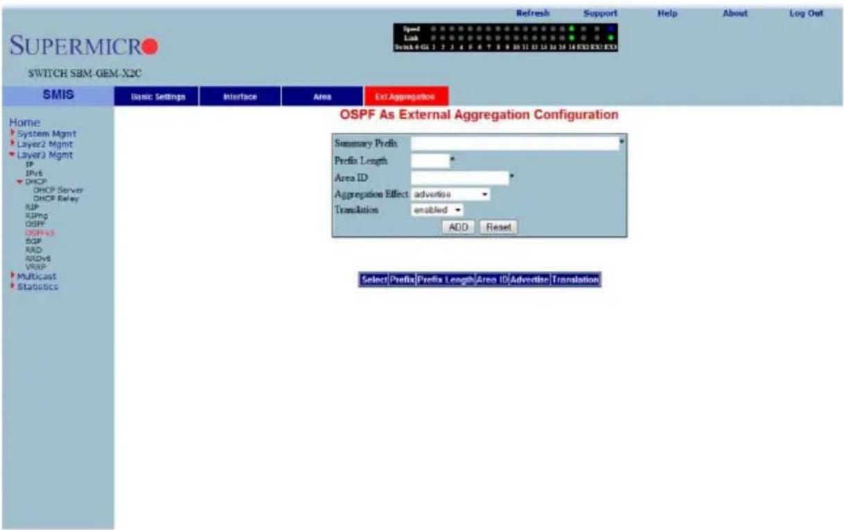 SUPERMICRO SWITCH SBM-GEM-X2C Refresh Support Help About Log Out Speed Lock Switch 4 GHz 1 2 3 4 5 6 7 8 9 10 11 12 13 14 15 16 17 18 EXO EXO EXO SPF As External Aggregation Configuration Summary Prefix Prefix Length Area ID Aggregation Effect advertise Translation enabled ADD Reset Home System Mgmt Layer2 Mgmt Layer3 Mgmt IP IPv6 DHCP DHCP Server DHCP Relay SUP RIPng OSPF OSPF+3 SGP RAD ADDv6 VRSP Multicast Statistics Select Prefix Prefix Length Area ID Adverter Translation