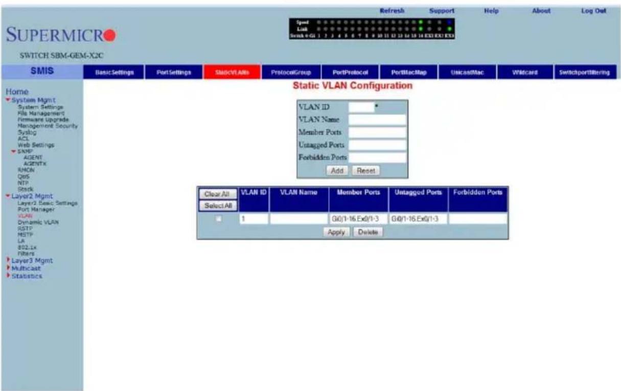 SUPERMICRO SWITCH SBM-GEM-X2C Speed Link Scan 0:GI 1 2 3 4 5 6 7 8 9 10 11 12 13 14 15 16 EXO EXO EXO Refresh Support Help About Log Out Static VLAN Configuration VLAN ID * VLAN Name: Member Ports: Untagged Ports: Forbidden Ports Add Reset Clear All Select All VLAN ID VLAN Name Member Ports Untagged Ports Forbidden Ports 1 G0/1-16 Ex0/1-3 G0/1-16 Ex0/1-3 Apply Delete