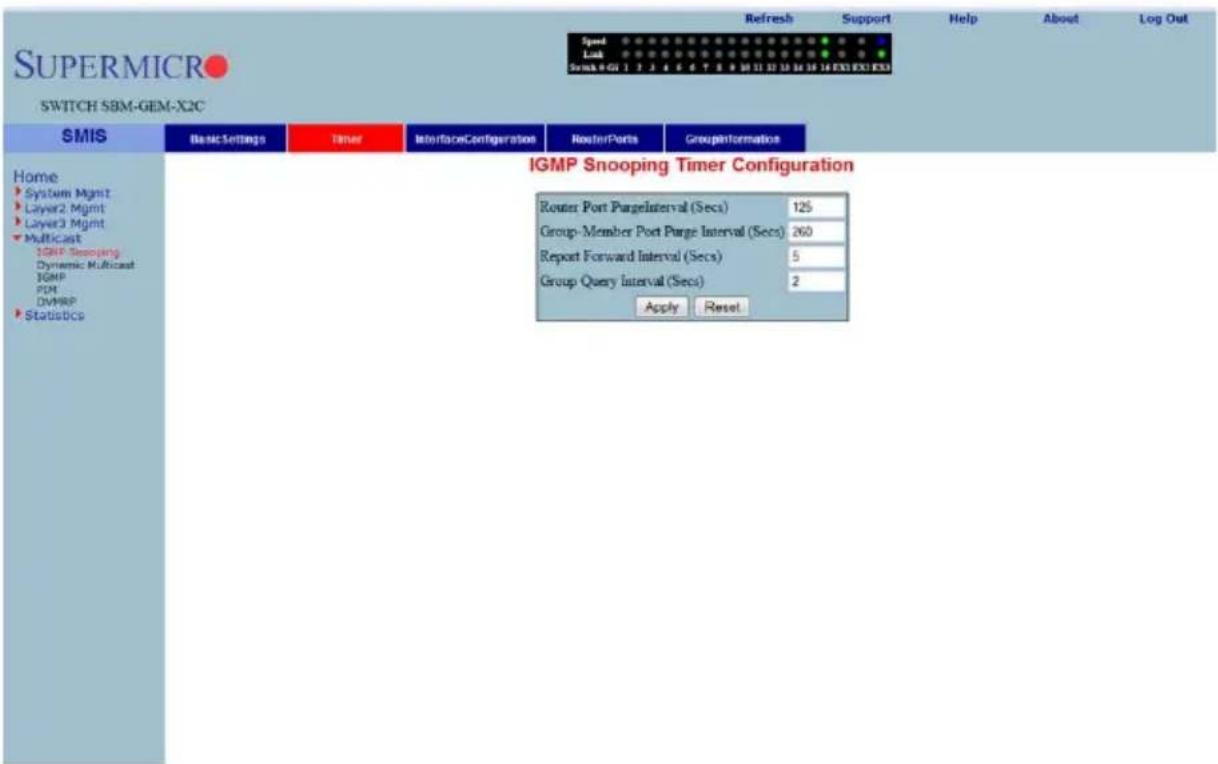 SUPERMICRO SWITCH SBM-GEM-X2C Refresh Support Help About Log Out Speed Link Scan: 0.01 1 2 3 4 5 6 7 8 9 10 11 12 13 14 15 16 EX1 EX2 EX3 Home ► System Mgmt ► Layer2 Mgmt ► Layer3 Mgmt ► Multicast IGMP Snooping Dynamic Multicast IGMP PDM DVMRP ► Statistics Basic Settings Timer InterfaceConfiguration RouterPorts GroupInformation IGMP Snooping Timer Configuration Router Port PangeInterval (Secs) 125 Group-Member Port Purge Interval (Secs) 260 Report Forward Interval (Secs) 5 Group Query Interval (Secs) 2 Apply Reset