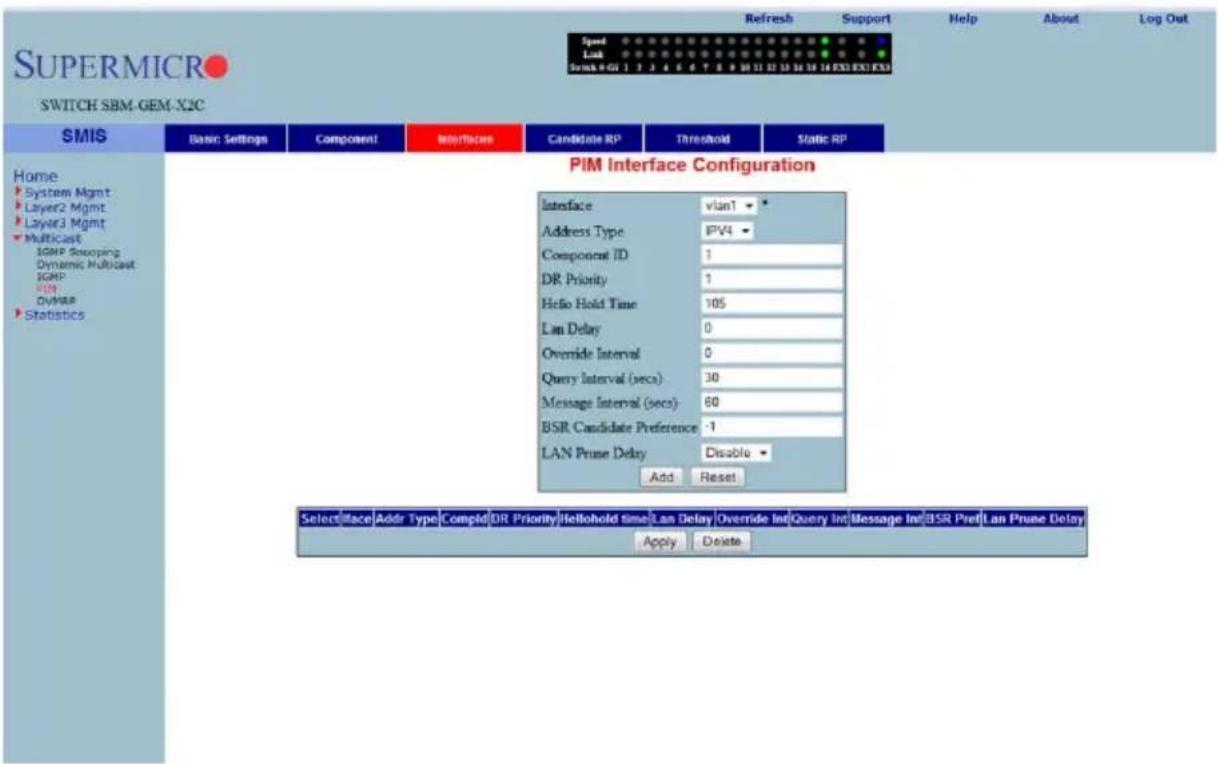 SUPERMICRO SWITCH SBM-GEM-X2C Speed Link Scan: 0.01 1 2 3 4 5 6 7 8 9 10 11 12 13 14 15 16 EXE EXE EXE Refresh Support Help About Log Out Home System Mgmt Layer2 Mgmt Layer3 Mgmt Multicast IGMP Spooping Dynamic Multicast IGMP PIM DVMRP Statistics Basic Settings Component Interfaces Candidate RP Threshold Static RP PIM Interface Configuration Interface vlan1 * Address Type IPV4 * Component ID 1 DR Priority 1 Hello Hold Time 105 Lan Delay 0 Override Interval 0 Query Interval (secs) 30 Message Interval (secs) 60 BSR Candidate Preference -1 LAN Prune Delay Disable * Add Reset SelectFace Addr Type Complete DR Priority Hellohold time Lan Delay Override Int Query Int Message Int BSR Pref Lan Prune Delay Apply Delete