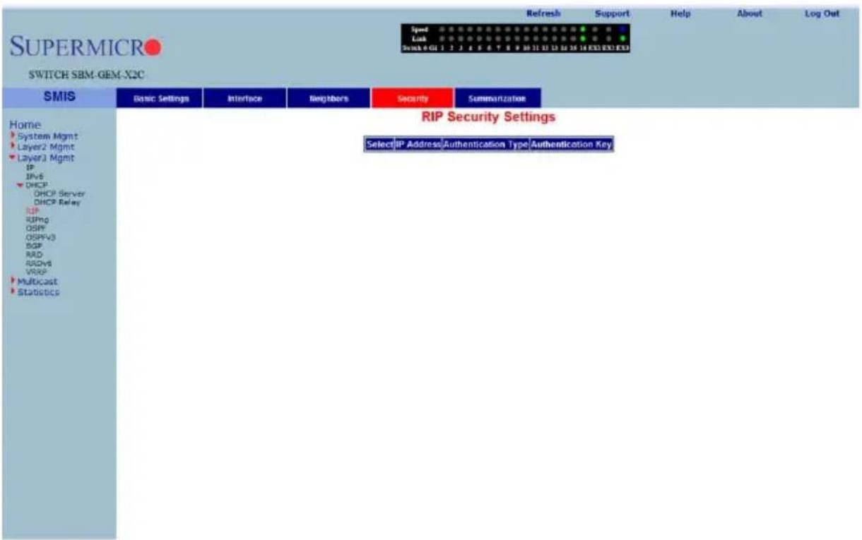 SUPERMICRO SWITCH SBM-GEM-X2C SMIS Basic Settings Interface Neighbors Security Summortization Home System Mgmt Layer2 Mgmt Layer3 Mgmt IP IPv6 DHCP DHCP Server DHCP Relay RIP RIPng OSPFV3 OSPFV3 RDP RADv8 VRSP Multicast Statistics RIP Security Settings Select/IP Address/Authentication Type/Authentication Key