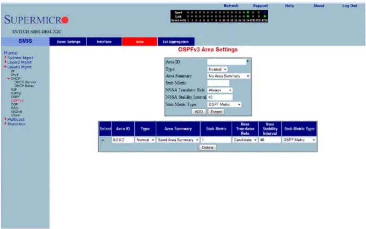 SUPERMICRO SWITCH SBM-GEM-X2C Speed Lock Switch 40 CI 1 2 3 4 5 6 7 8 9 10 11 12 13 14 15 16 17 18 EXO EXO EXO Refresh Support Help About Log Out Home System Mgmt Layer2 Mgmt Layer3 Mgmt IP IPv6 DHCP DHCP Server DHCP Relay SUP RIPng OSPF OSPF=3 BGP RAD RIOV6 VRSP Multicast Statistics Basic Settings Interface Area Ext Aggregation OSPFv3 Area Settings Area ID Type Normal Area Summary No Area Summary Sub Metric NSSA Translator Role Always NSSA Stability Interval 40 Sub Metric Type OSPF Metric ADD Reset Select Area ID Type Area Summary Stub Metric Nesa Translator Role Nesa Stability Interval Sub Metric Type 0.0.0.0 Normal Send Area Summary 1 Candidate 40 OSPF Metric Delete