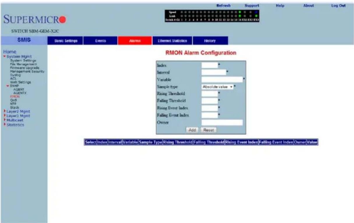 SUPERMICRO SWITCH SBM-GEM-X2C Speed Link Scan 9-01 1 2 3 4 5 6 7 8 9 10 11 12 13 14 15 16 EXO EXO EXO Refresh Support Help About Log Out Home System Mgmt System Settings File Management Firmware Upgrade Management Security Syslog ACL Web Settings SNMP AGENT AGENTX RMON QoB NTP Stack Layer2 Mgmt Layer3 Mgmt Multicast Statistics RMON Alarm Configuration Index Interval Variable Sample type Absolute value Rising Threshold Falling Threshold Rising Event Index Falling Event Index Owner Add Reset Select |Index |Interval |Variable |Sample Type |Rising Threshold |Falling Threshold |Rising Event Index |Falling Event Index |Owner |Value