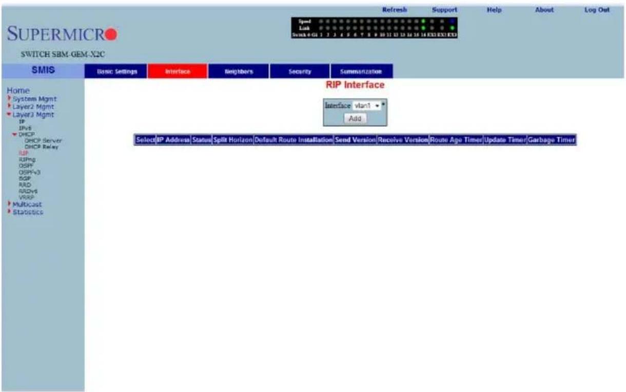 SUPERMICRO SWITCH SBM-GEM-X2C SMIS Home System Mgmt Layer2 Mgmt Layer3 Mgmt IP IPv6 DHCP DHCP Server DHCP Relay RIP RIPng OSPF OSPFv3 RGP RAD RADv8 VRSP Multicast Statistics Basic Settings Interface Neighbors Security Summarization RIP Interface Interface vlan1 Add Select IP Address Status Split Horizon Default Route Installation Send Version Receive Version Route Ago Timer Update Timer Garbage Timer