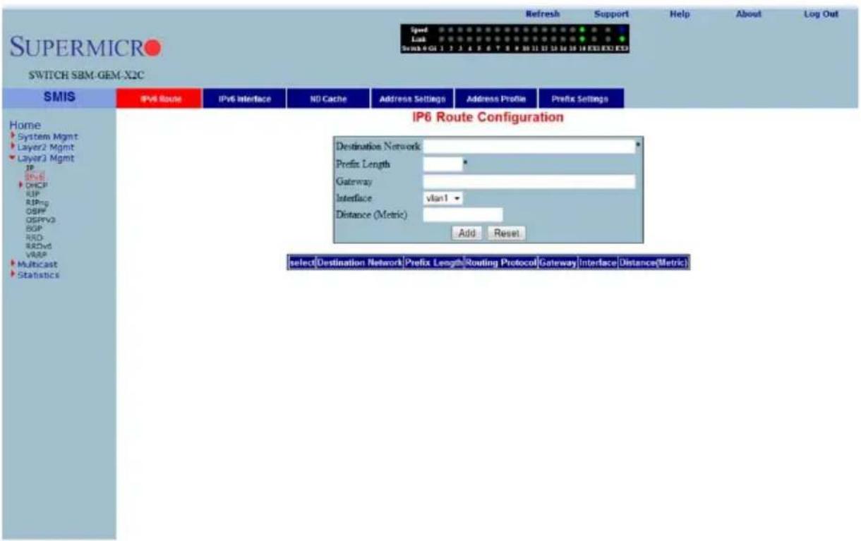 SuperMICRO SWITCH SBM-GEM-X2C Speed Lock Swm3.4 GI 1 2 3 4 5 6 7 8 9 10 11 12 13 14 15 16 EEX EXE EXE Refresh Support Help About Log Out IP6 Route IPv6 Interface NO Cache Address Settings Address Profile Prefix Settings Home System Mgmt Layer2 Mgmt Layer3 Mgmt IP DHCP RIP RIPng GBP OSPPv3 BOP RIO RDVd VRAP Multicast Statistics IP6 Route Configuration Destination Network Prefix Length Gateway Interface vlan1 Distance (Metric) Add Reset select Destination Network Prefix Length Routing Protocol Gateway Interface Distance(Metric)