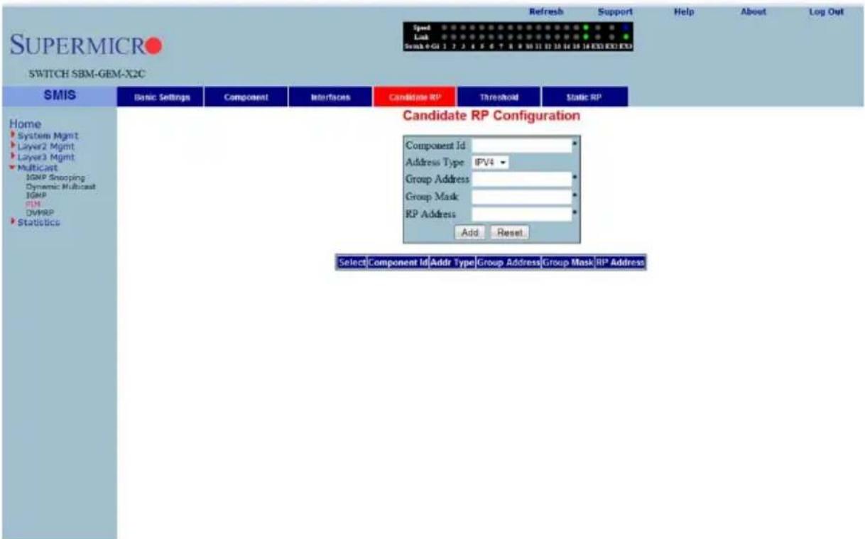 SUPERMICRO SWITCH SBM-GEM-X2C Speed Link Switch 0-01 1 2 3 4 5 6 7 8 9 10 11 12 13 14 15 16 EX3 EX3 EX3 Refresh Support Help About Log Out SMIS Basic Settings Component Interfaces Candidate RP Threshold Static RP Candidate RP Configuration Component Id * Address Type IPV4 * Group Address * Group Mask * RP Address * Add Reset Select Component Id Addr Type Group Address Group Mask RP Address