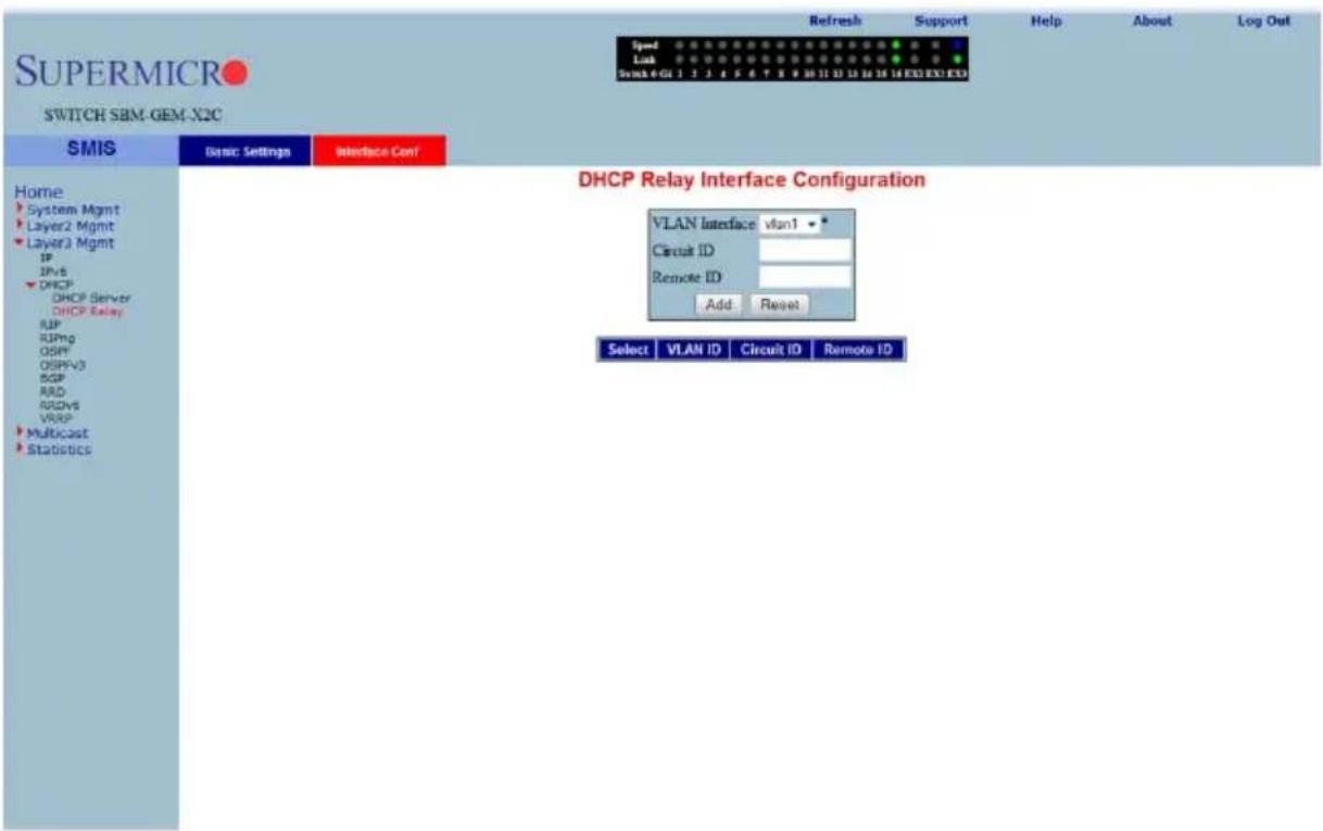 SUPERMICRO SWITCH SBM-GEM-X2C SMIS Basic Settings Interface Conf Home System Mgmt Layer2 Mgmt Layer3 Mgmt IP IPv6 DHCP DHCP Server DHCP Relay RJP RIPng OSPF OSPFV3 BGP RAD RDVs8 VRSP Multicast Statistics DHCP Relay Interface Configuration VLAN Interface vlan1 * Circuit ID Remote ID Add Reset Select VLAN ID Circuit ID Remote ID
