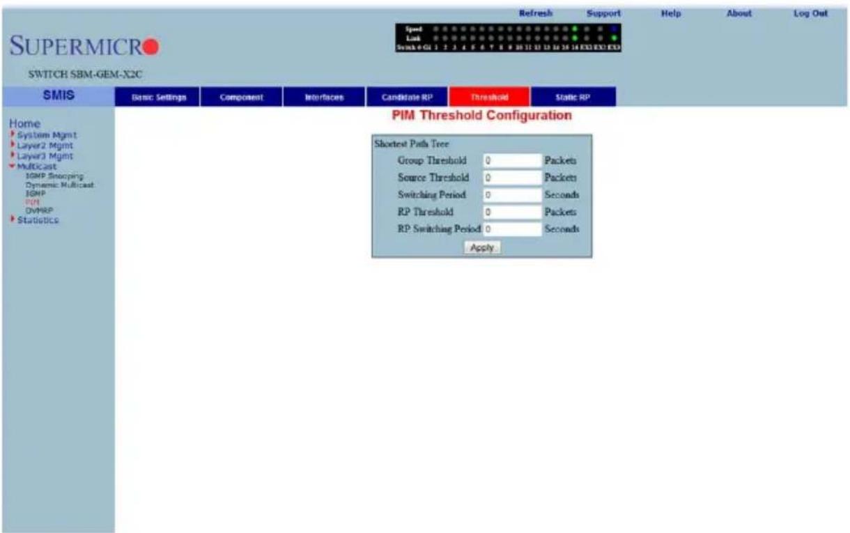 SUPERMICRO SWITCH SBM-GEM-X2C Speed Lock Switch 401 3 2 3 4 5 6 7 8 9 10 11 12 13 14 15 16 17 18 EXE EXO EXO Refresh Support Help About Log Out PIM Threshold Configuration Shortest Paths Tree Group Threshold 0 Packets Source Threshold 0 Packets Switching Period 0 Seconds RP Threshold 0 Packets RP Switching Period 0 Seconds Apply