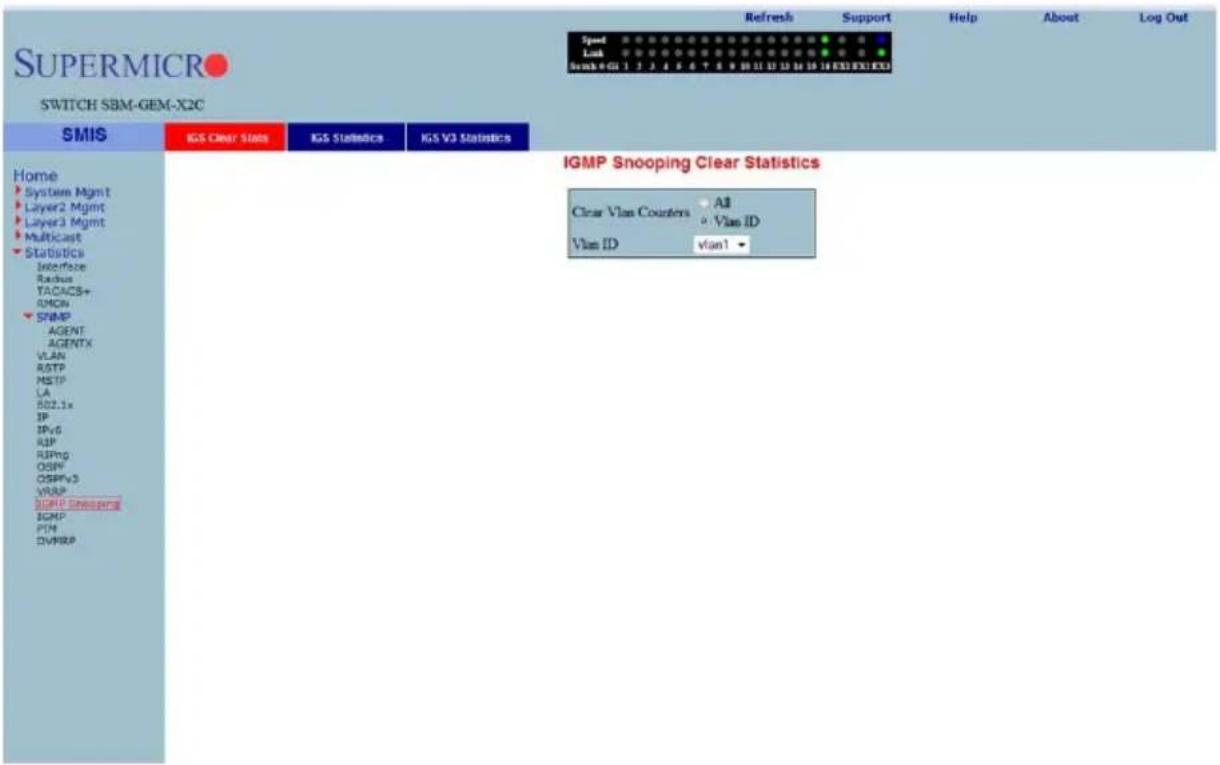 SUPERMICRO SWITCH SBM-GEM-X2C Refresh Support Help About Log Out Speed Lock Search + GUI 1 2 3 4 5 6 7 8 9 10 11 12 13 14 15 16 17 18 19 20 21 22 23 IGMP Snooping Clear Statistics Home System Mgmt Layer2 Mgmt Layer3 Mgmt Multicast Statistics Interface Radius TACACS+ RMON SNMP AGENT AGENTX VLAN RSTP MSTP LA RS2.1x IP IPv6 RIP RIPing OSPFv3 VRAPP IGMP Snooping IGMP PUM DVWRP Clear Vlan Counters All Vlan ID vlan1