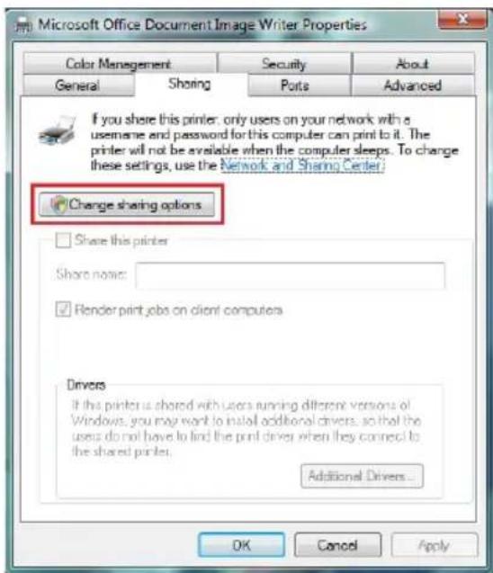 Microsoft Office Document Image Writer Properties Color Management Security About General Sharing Ports Advanced If you share this printer, only users on your network with a username and password for this computer can print to it. The printer will not be available when the computer sleeps. To change these settings, use the Network and Sharing Center. Change sharing options Share this printer Share name: Render print jobs on client computers Drivers If this printer is shared with users running different versions of Windows, you may work to install additional drivers, so that the users do not have to find the print driver when they connect to the shared printer. Additional Drivers... OK Cancel Apply