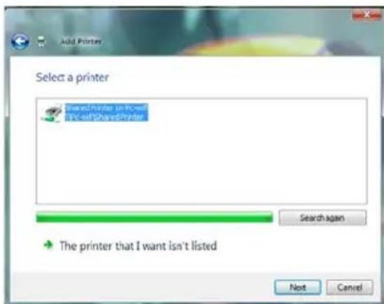 Add Printer Select a printer Shared printer un power I/O self-Shared/Printer Search again The printer that I want isn't listed Next Cancel