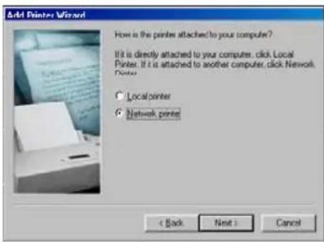 Add Printer Wizard How is the printers attached to your computer? It is directly attached to your computer. click Local Printer. If it is attached to another computer, click Network Printer. ○ Local printer ● Network printer < Back Next > Cancel