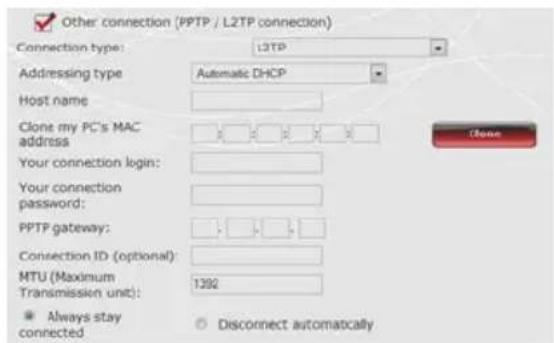 Other connection (PPTP / LZTP connection) Connection type: LZTP Addressing type: Automatic DHCP Host name: Clone my PC's MAC address Your connection login: Your connection password: PPTP gateway: Connection ID (optional): MTU (Maximum Transmission unit): 1392 Always stay connected Disconnect automatically
