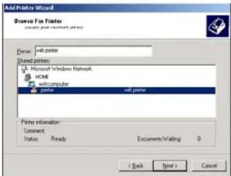 Add Printer Wizard Browse Fox Printer <|vision_start|> Slovenia print network print exp Printer: with printers Shared printer: Microsoft Windows Network HOME withcomputer printers with printer Printer information Comment: Status: Ready Documents Waiting 0 < Back Next > Cancel
