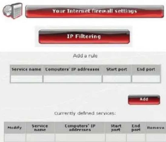 Your Internet firewall settings IP Filtering Add a rule Service name Computers' IP addresses Start port End port Add Currently defined services: Modify Service name Computers' IP addresses Start port End port Remove