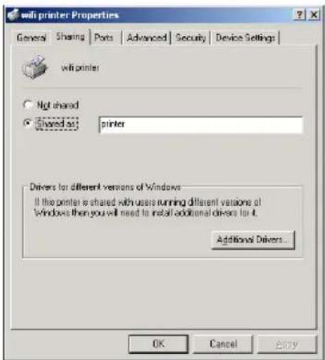 wifi printer Properties General Sharing Ports Advanced Security Device Settings wifi printer Not shared Shared as: printer Drivers for different versions of Windows If the printer is shared with users running different versions of Windows then you will need to install additional drivers for it. Additional Drivers... OK Cancel Buy