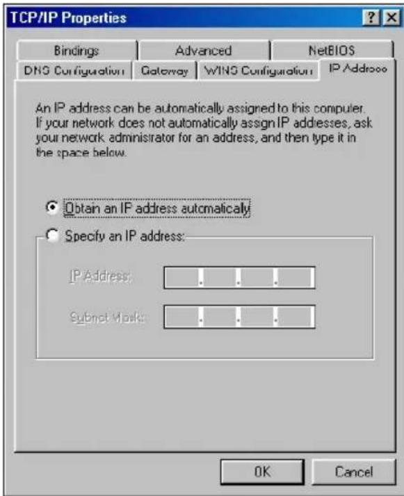 TCP/IP Properties Bindings Advanced NetsBIOS DNS Configuration Gateway WINS Configuration IP Address An IP address can be automatically assigned to this computer. If your network does not automatically assign IP addresses, ask your network administrator for an address, and then type it in the space below. Obtain an IP address automatically Specify an IP address: IP Address: .... Subnet Mask: .... OK Cancel
