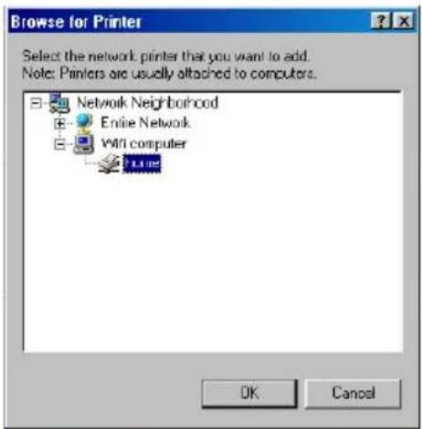 Browse for Printer Select the network printer that you want to add. Note: Printers are usually attached to computers. Network Neighborhood Entire Network WiFi computer Blue OK Cancel