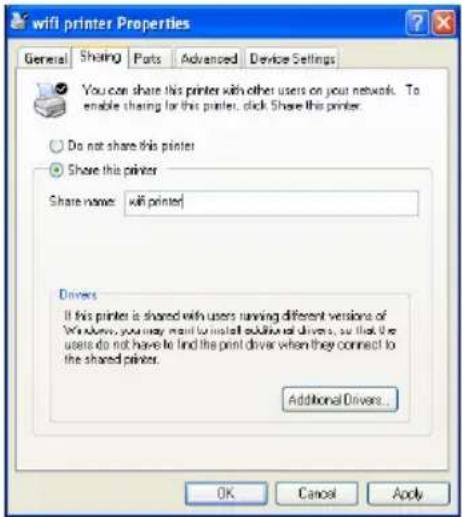wifi printer Properties General Sharing Parts Advanced Device Settings You can share this printer with other users on your network. To enable sharing for this printer, click Share this printer. Do not share this printer Share this printer Share name: wifi printer Drivers If this printer is shared with users running different versions of Windows, you may want to install additional drivers, so that the users do not have to find the print driver when they connect to the shared printer. Additional Drivers... OK Cancel Apply
