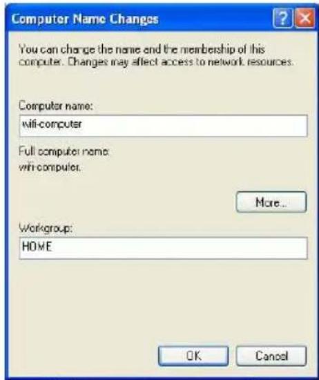 Computer Name Changes You can change the name and the membership of this computer. Changes may affect access to network resources. Computer name: wifi-computer Full computer name: wifi-computer. More... Workgroup: HOME OK Cancel