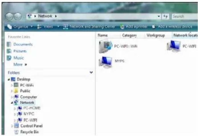 Network Search Organize Views Network and Sharing Center Add a printer Add a wireless device Favorite Links Documents Pictures Music More > Folders Desktop PC-WIFI Public Computer Network PC-HOME MYPG PC-WIFI Control Panel Recycle Bin Name Category Workgroup Network locati PC-WIFI: Wi-Fi PC-WIFI MYPG