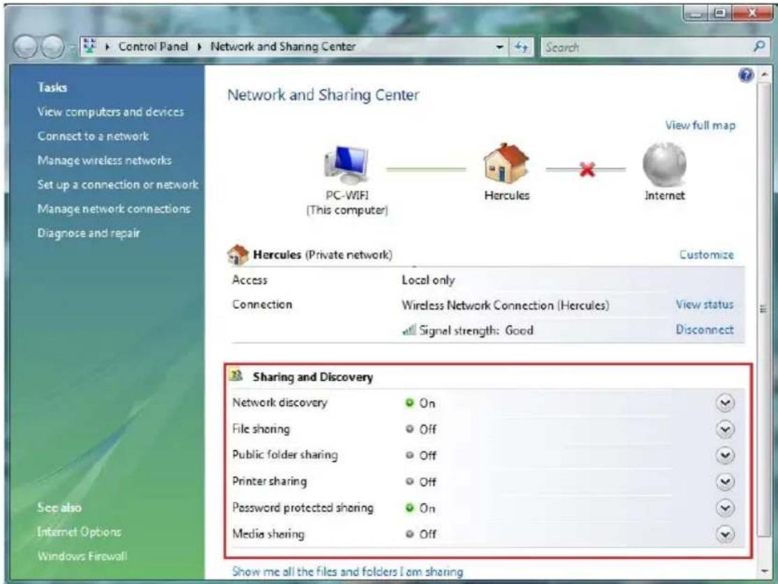 Control Panel ▶ Network and Sharing Center Search Tasks View computers and devices Connect to a network Manage wireless networks Set up a connection or network Manage network connections Diagnose and repair Network and Sharing Center View full map PC-WIFI (This computer) Hercules Internet Hercules (Private network) Customize Access Local only Connection Wireless Network Connection (Hercules) View status Signal strength: Good Disconnect Sharing and Discovery Network discovery On File sharing Off Public folder sharing Off Printer sharing Off Password protected sharing On Media sharing Off See also Internet Options Windows Firewall Show me all the files and folders I am sharing