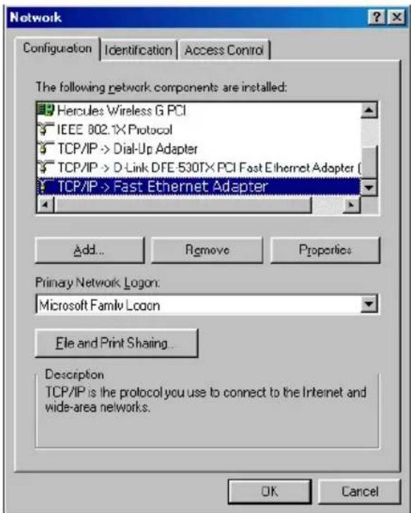 Network Configuration Identification Access Control The following network components are installed: Hercules Wireless G PCI IEEE 802.1X Protocol TCP/IP -> Dial-Up Adapter TCP/IP -> D-Link DFE 530T×PCI Fast Ethernet Adapter ( TCP/IP -> Fast Ethernet Adapter Add... Remove Properties Primary Network Logon: Microsoft Family Logon Ele and Print Sharing... Description TCP/IP is the protocol you use to connect to the Internet and wide-area networks. OK Cancel