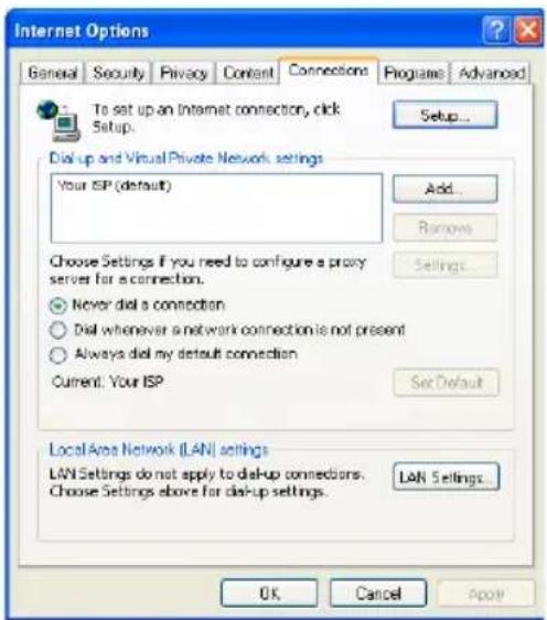 Internet Options General Security Privacy Content Connections Programs Advanced To set up an Internet connection, click Setup... Setup... Dial up and Virtual Private Network settings Your ISP (default) Add... Remove Choose Settings If you need to configure a proxy server for a connection. ● Never dial a connection ○ Dial whenever a network connection is not present ○ Always dial my default connection Current: Your ISP Set Default Local Area Network (LAN) settings LAN Settings do not apply to dial-up connectors. Choose Settings above for dial-up settings. LAN Settings... OK Cancel Apply
