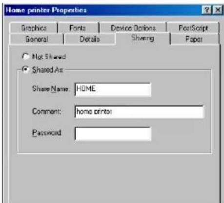 Home printer Properties Graphics Fonts Device Options PostScript General Details Sharing Paper Not Shared Shared As Share Name:HOME Comment:home printer Password: