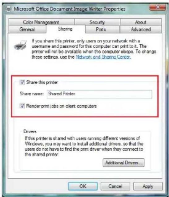 Microsoft Office Document Image Writer Properties Color Management Security About General Sharing Ports Advanced If you share this printer, only users on your network with a username and password for this computer can print to it. The printer will not be available when the computer sleeps. To change these settings, use the Network and Sharing Center. ✓ Share this printer Share name: Shared Printer ✓ Render print jobs on client computers Drivers If this printer is shared with users running different versions of Windows, you may want to install additional drivers, so that the users do not have to find the print driver when they connect to the shared printer: Additional Drivers... OK Cancel Apply