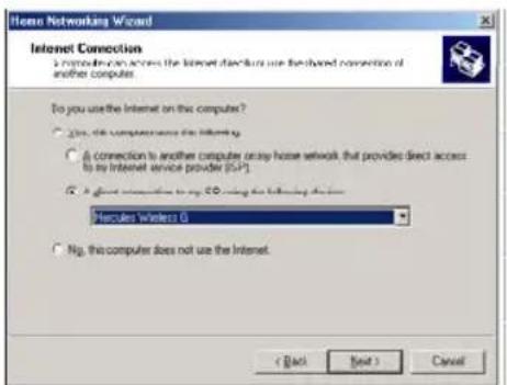 Honey Networking Wizard Internet Connection I recommend that access the Internet direction is used by shared connection of another computer. Do you use the Internet on this computer? ✓ Yes, do not complete any connection ✓ A connection to another computer or any home network that provides direct access to your Internet service provider (GSP) ✓ A direct connection to my device using the following device: Hercules Wireless 6 ✓ No, this computer does not use the Internet. < Back Next > Cancel