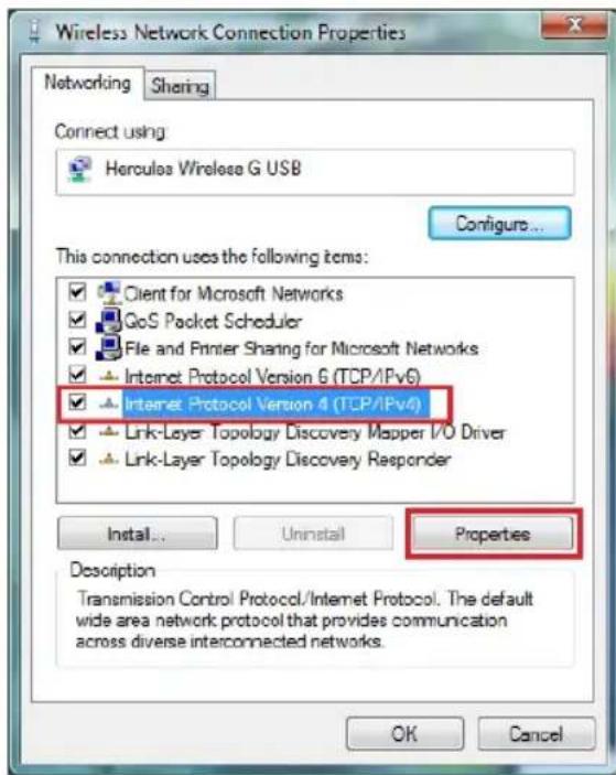 Wireless Network Connection Properties Networking Sharing Connect using Hercules Wireless G USB Configure... This connection uses the following items: Client for Microsoft Networks GoS Packet Scheduler File and Printer Sharing for Microsoft Networks Internet Protocol Version 6 (TCP/IPv6) Internet Protocol Version 4 (TCP/IPv4) Link-Layer Topology Discovery Mapper I/O Driver Link-Layer Topology Discovery Responder Install... Uninstall Properties Description Transmission Control Protocol/Internet Protocol. The default wide area network protocol that provides communication across diverse interconnected networks. OK Cancel